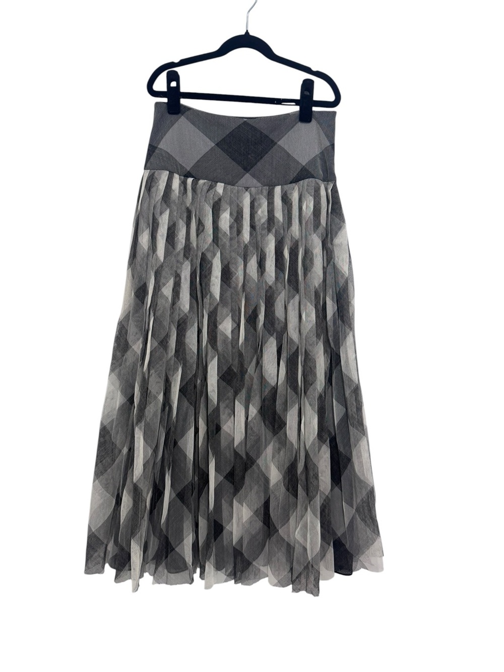 Christian Dior Black Grey Check Tulle Pleated Midi Skirt FR38 US6